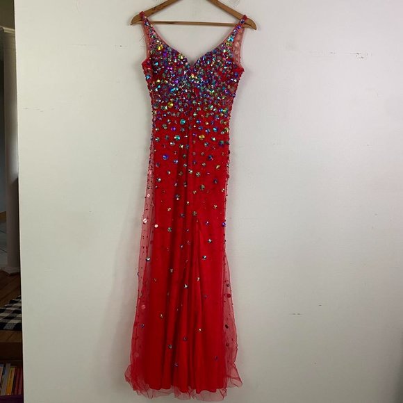 MORI LEE red beaded v neck formal maxi dress - Picture 2 of 7